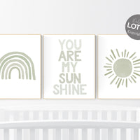 Nursery prints rainbow, gender neutral, sage green nursery wall decor, rainbow, sun, you are my sunshine, nursery decor neutral, green