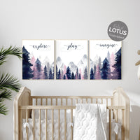 Woodland nursery decor, explore play imagine art, forest nursery art, tree nursery prints, pink and navy, nursery decor girl adventure