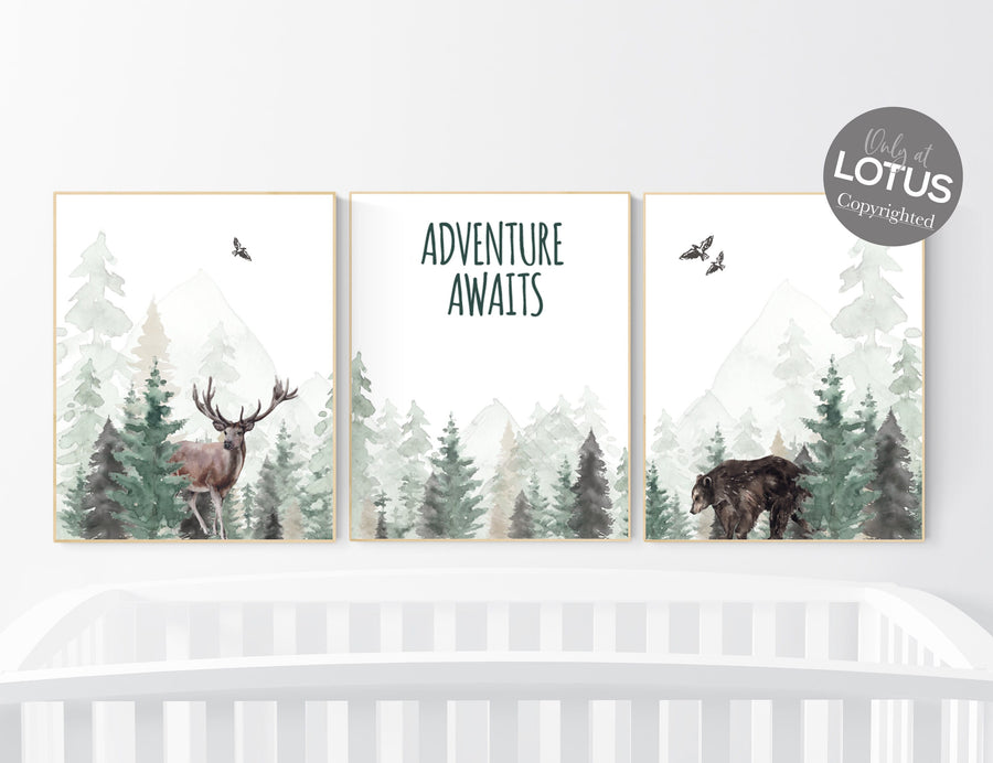 Nursery decor woodland, mountain wall art, tree nursery decor, adventure theme nursery, forest nursery, sage green, woodland animals