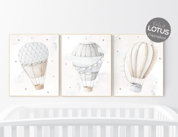 Nursery decor neutral, hot air balloon, gender neutral, grey nursery, baby room decor, beige nursery, neutral colors, travel themed nursery