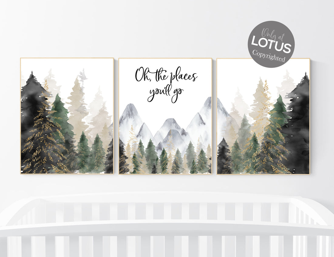 Nursery decor woodland, mountain wall art, tree nursery decor, adventure theme nursery, forest, sage green, beige, woodland animals