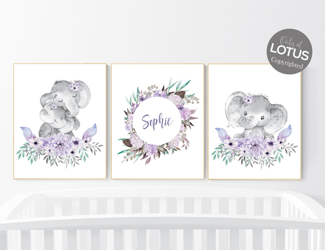 Personalized Elephant Nursery Wall Art Set of 3 - Purple Floral Baby Girl Name Print - Safari Animal Poster - Boho Nursery Decor