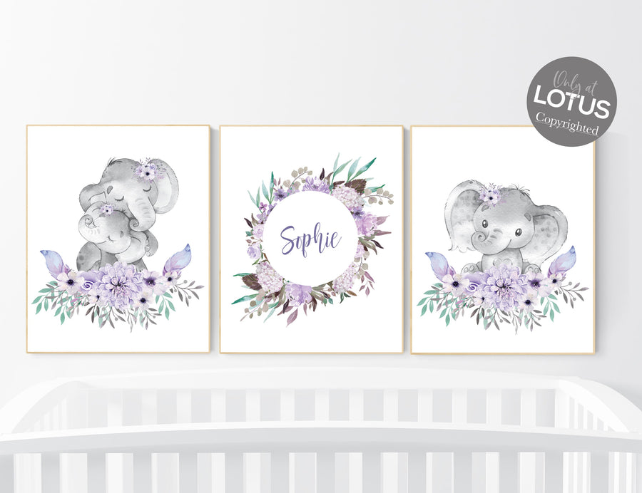 Personalized Elephant Nursery Wall Art Set of 3 - Purple Floral Baby Girl Name Print - Safari Animal Poster - Boho Nursery Decor