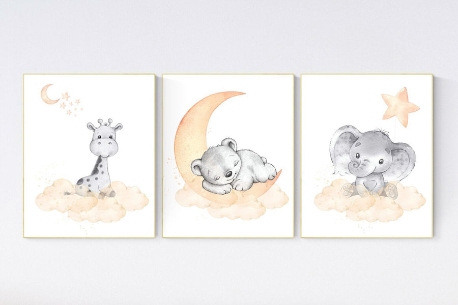 Nursery decor bear, orange nursery, peach nursery, giraffe, elephant nursery print, nursery wall art animals, animal nursery