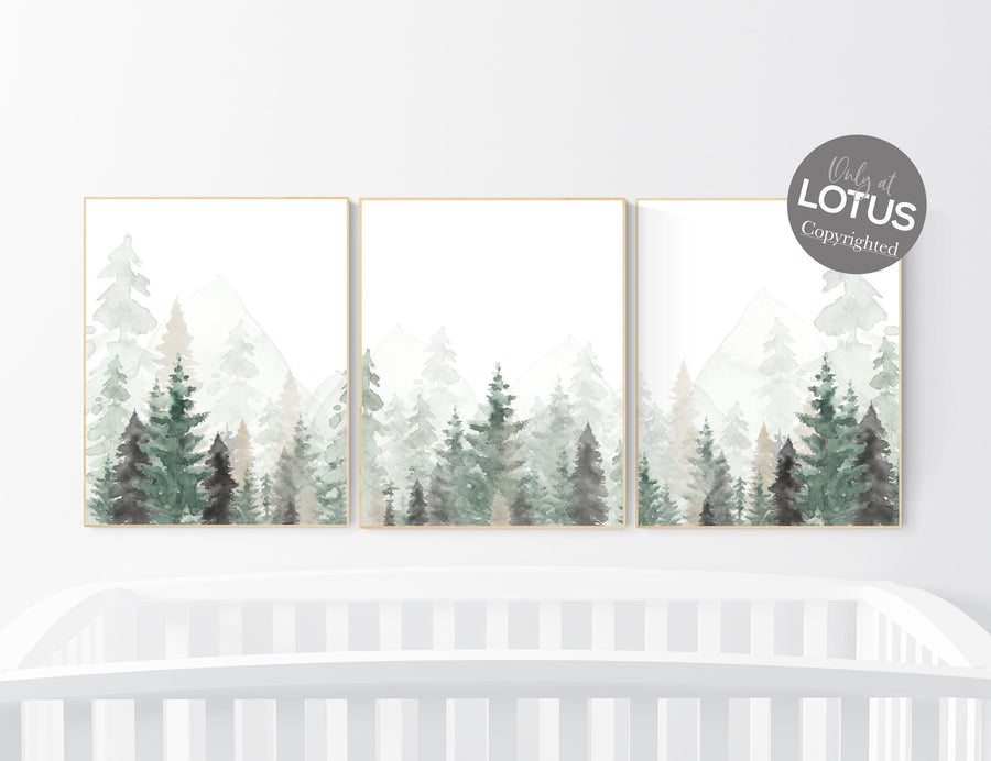 Nursery decor mountain, nursery wall art, tree nursery decor, adventure theme nursery, forest, sage green, beige, woodland animals