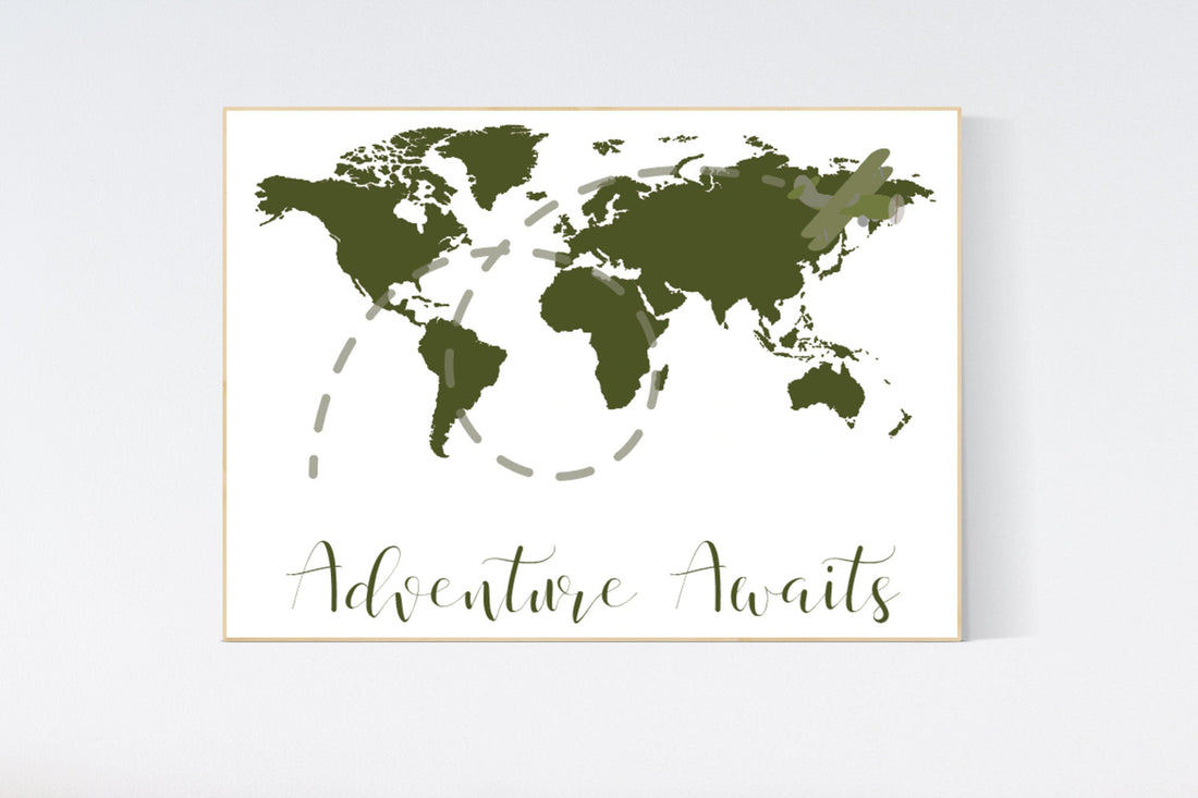 World map nursery, green world map, adventure awaits, world map wall art nursery, nursery wall art world map