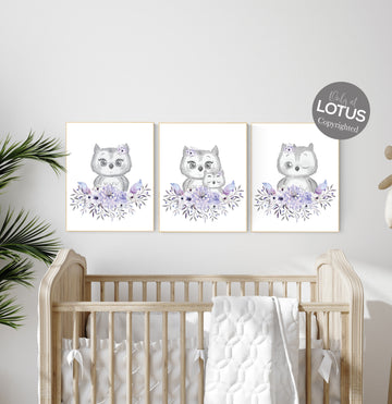 Owl nursery decor, boho decor for nursery, purple nursery, boho nursery, baby room wall art, owl prints, floral nursery, girls room decor