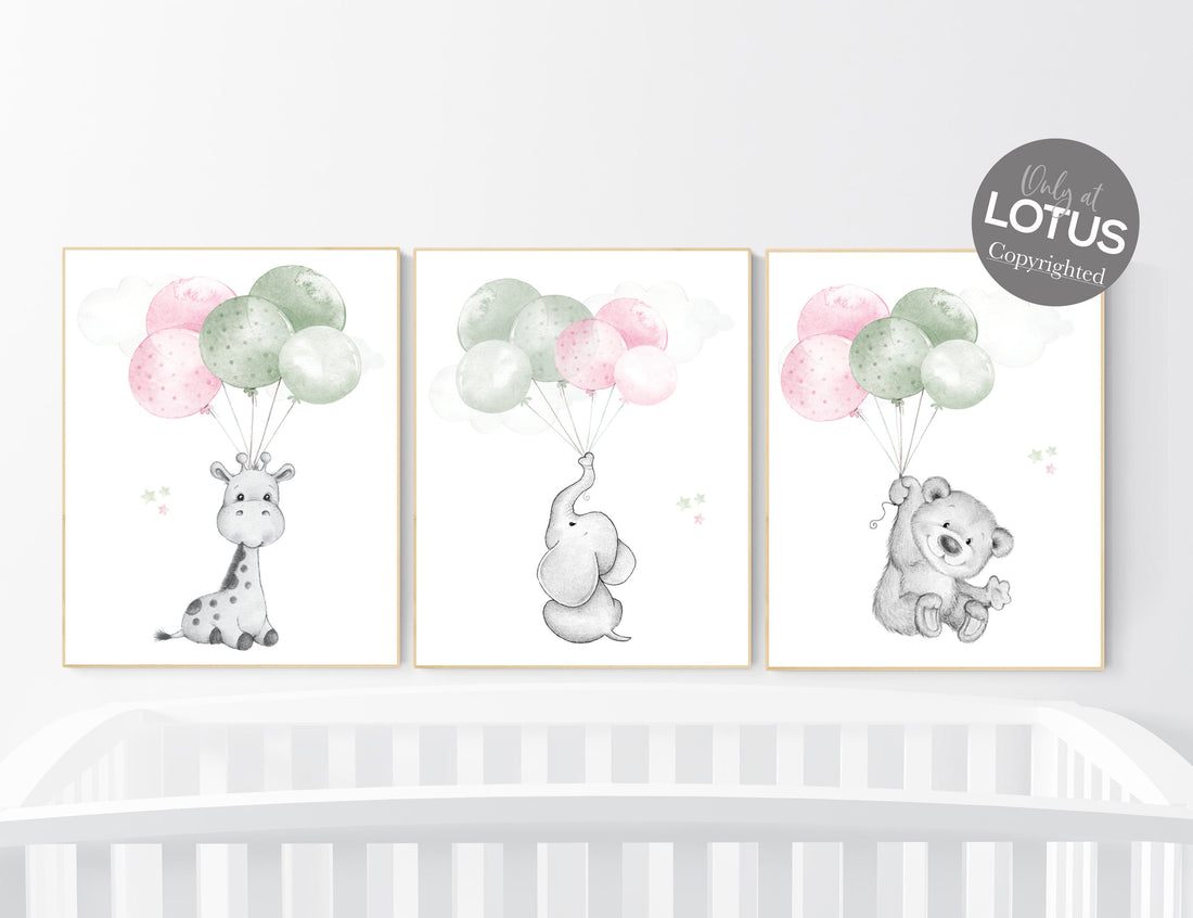 Nursery wall art animals, green nursery, green and pink, sage green, baby room decor, balloon nursery, animal prints