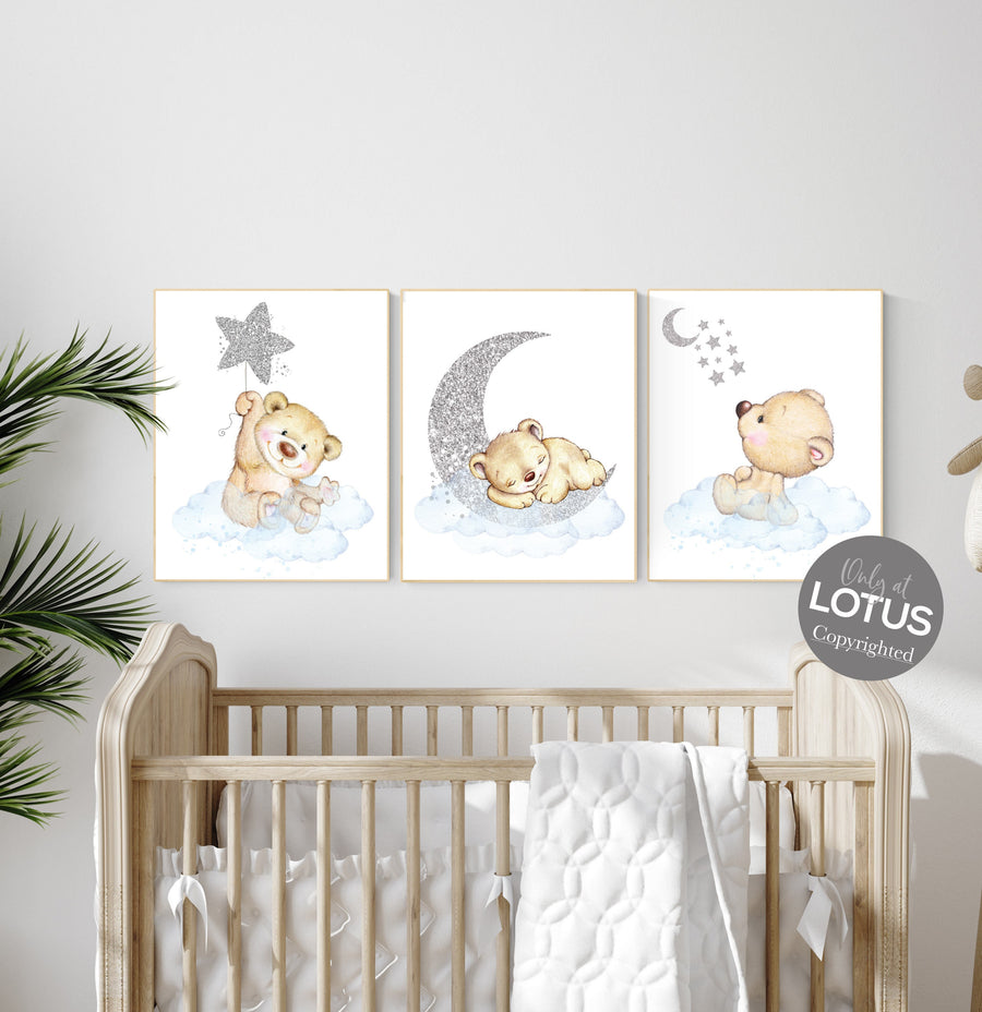 Nursery decor bear, nursery decor boy, bear nursery print, blue and silver, nursery wall art animals, boy nursery wall decor, blue silver