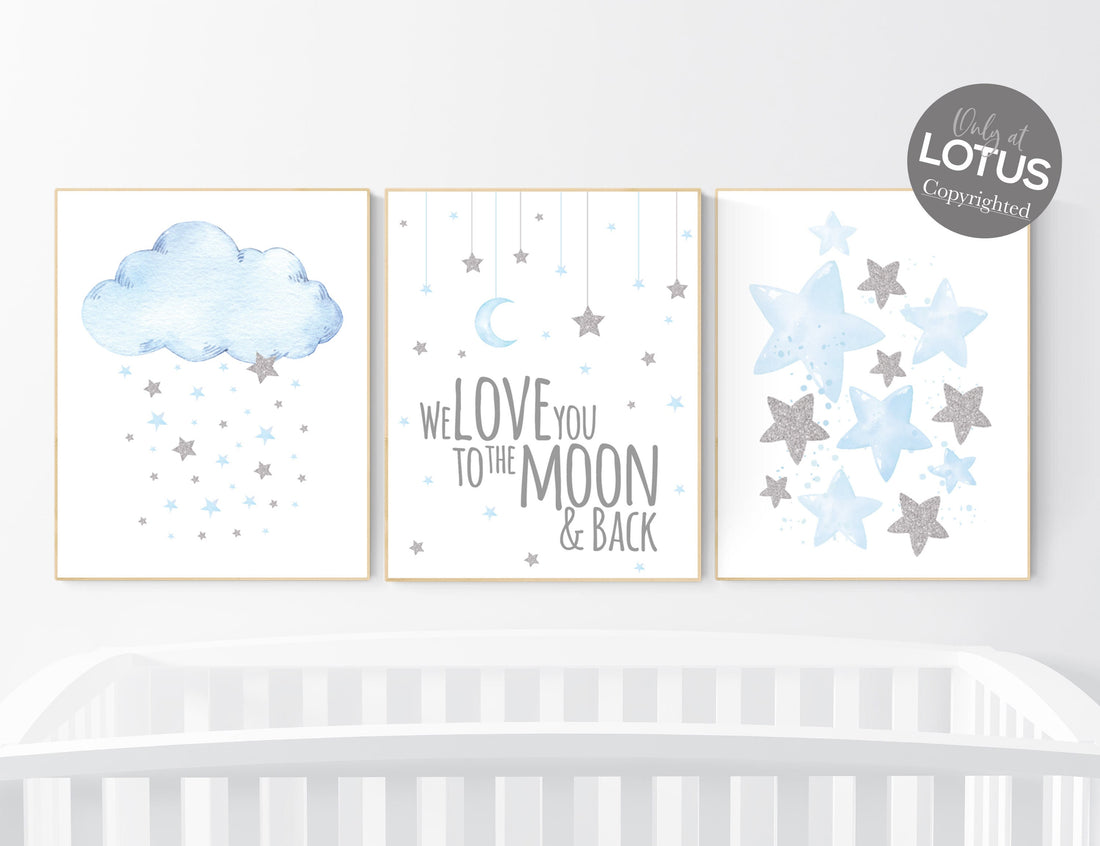 Blue nursery decor, Nursery decor boy, nursery decor, boys room decor, we love you to the moon and back, blue and silver, cloud and stars