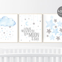 Blue nursery decor, Nursery decor boy, nursery decor, boys room decor, we love you to the moon and back, blue and silver, cloud and stars