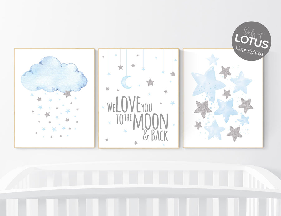 Blue nursery decor, Nursery decor boy, nursery decor, boys room decor, we love you to the moon and back, blue and silver, cloud and stars