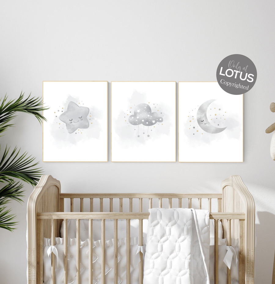 Nursery prints grey, gray gold nursery, nursery decor neutral, baby room decor gender neutral, moon and stars, grey gold, baby room art