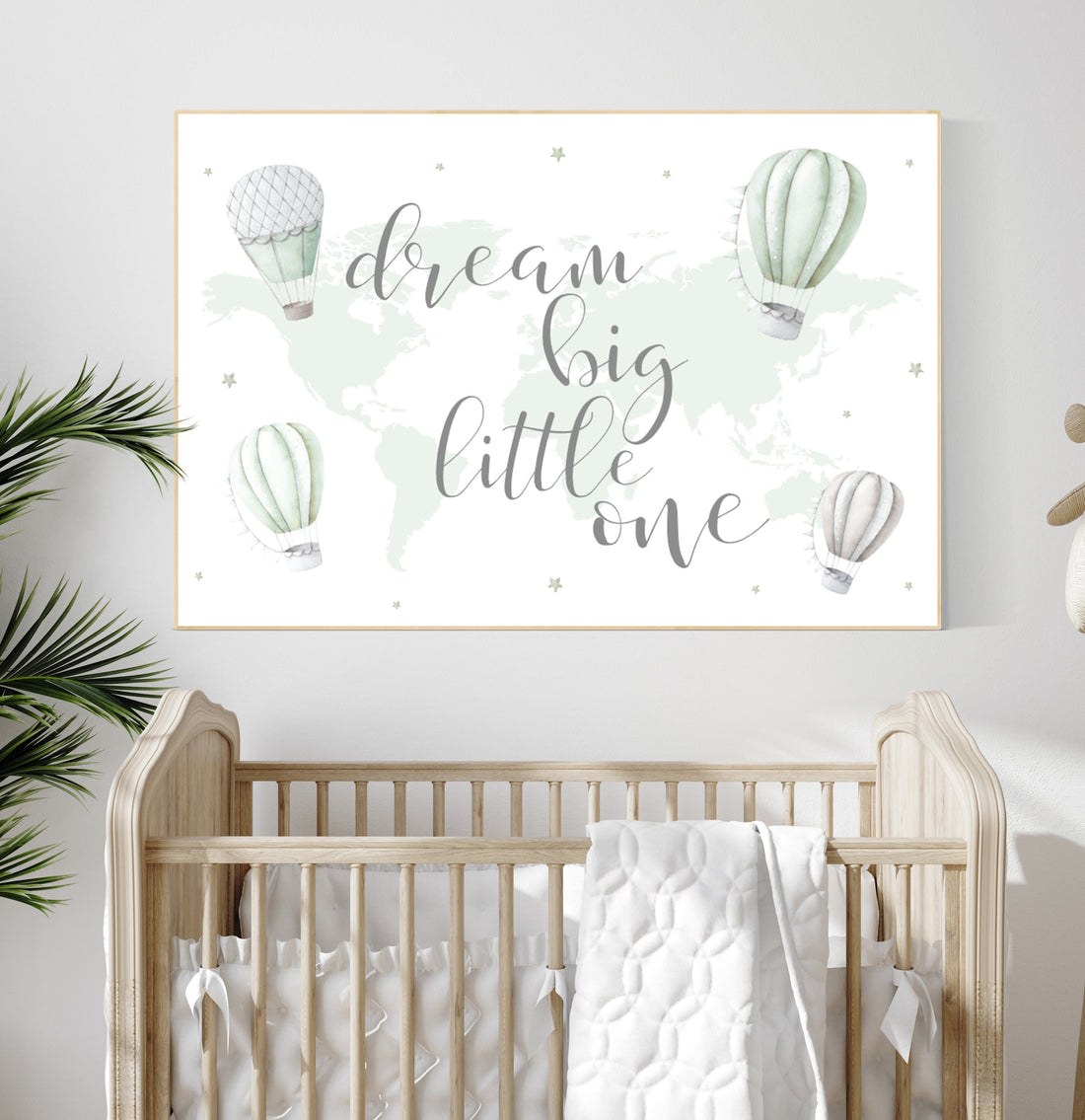 Hot air balloon nursery, sage green nursery, Nursery decor neutral, gender neutral, woodland animals, green nursery, world map nursery decor