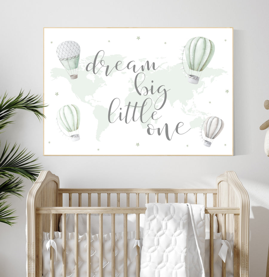 Hot air balloon nursery, sage green nursery, Nursery decor neutral, gender neutral, woodland animals, green nursery, world map nursery decor