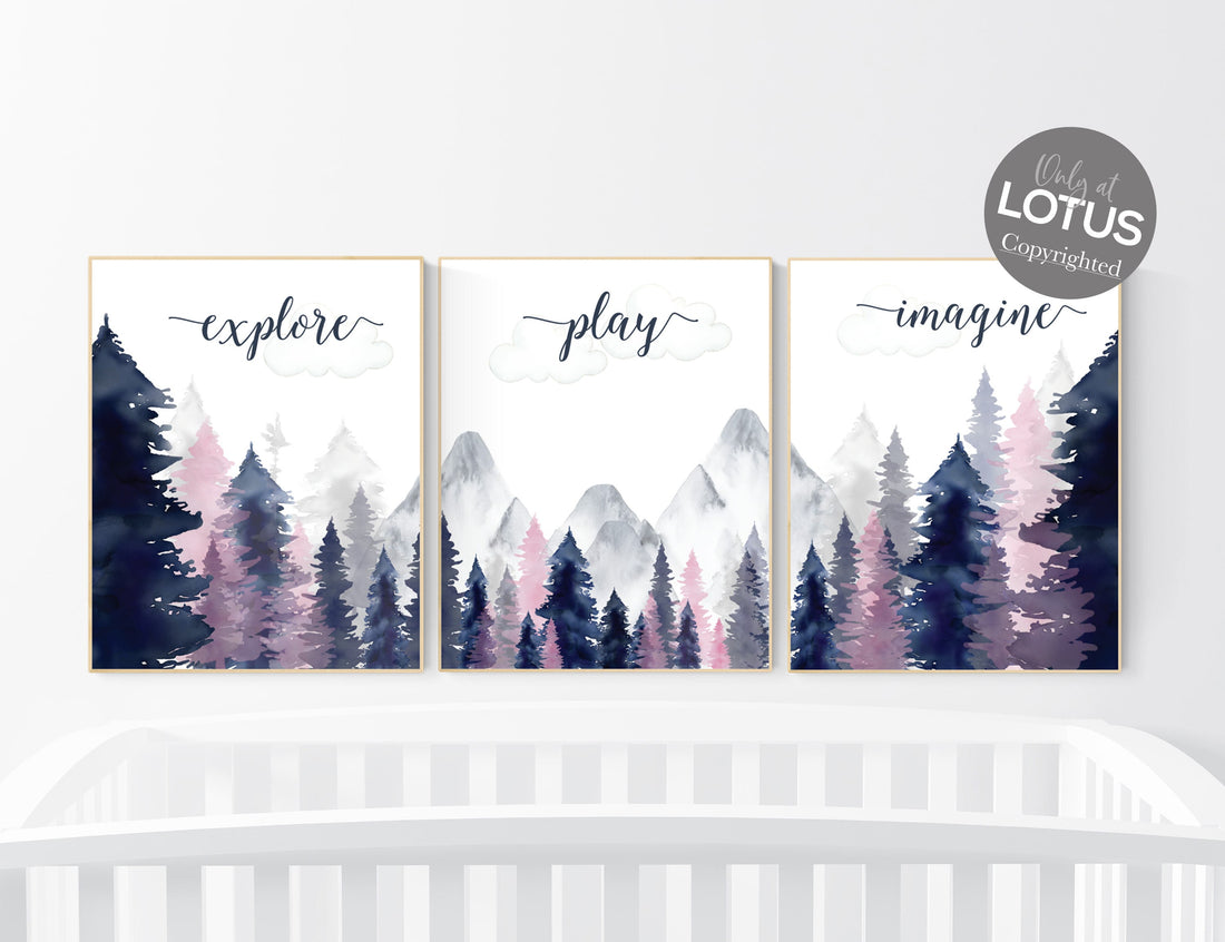 Woodland nursery decor, explore play imagine art, forest nursery art, tree nursery prints, pink and navy, nursery decor girl adventure