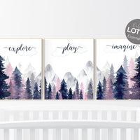 Woodland nursery decor, explore play imagine art, forest nursery art, tree nursery prints, pink and navy, nursery decor girl adventure
