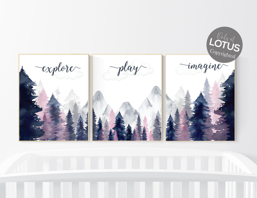 Woodland nursery decor, explore play imagine art, forest nursery art, tree nursery prints, pink and navy, nursery decor girl adventure