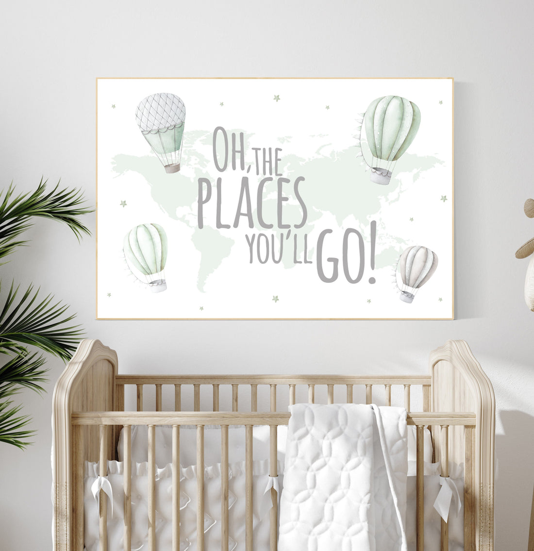 Travel nursery, sage green nursery, hot air balloon, Nursery decor neutral, gender neutral, woodland animals, green nursery, world map