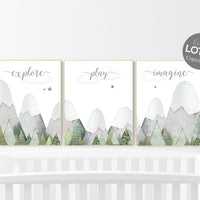 Nursery prints mountain, green nursery, adventure theme nursery, woodland nursery, gender neutral, explore, play, imagine, olive green