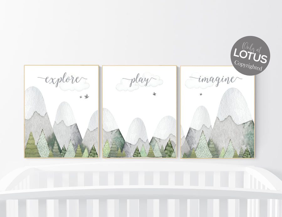 Nursery prints mountain, green nursery, adventure theme nursery, woodland nursery, gender neutral, explore, play, imagine, olive green