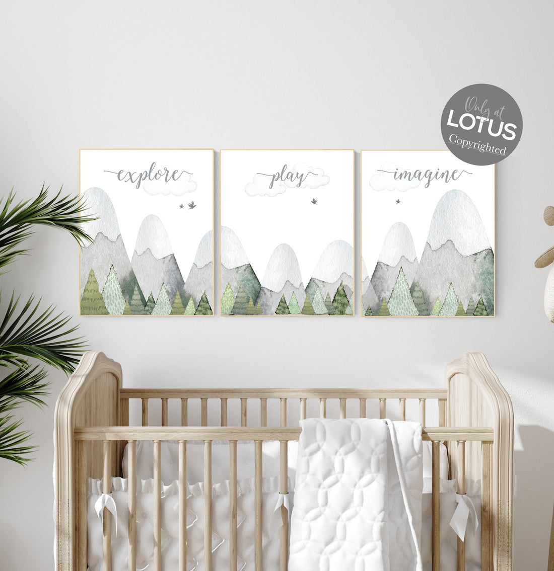 Nursery prints mountain, green nursery, adventure theme nursery, woodland nursery, gender neutral, explore, play, imagine, olive green