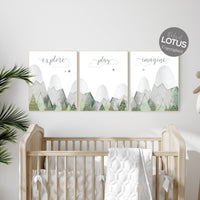 Nursery prints mountain, green nursery, adventure theme nursery, woodland nursery, gender neutral, explore, play, imagine, olive green