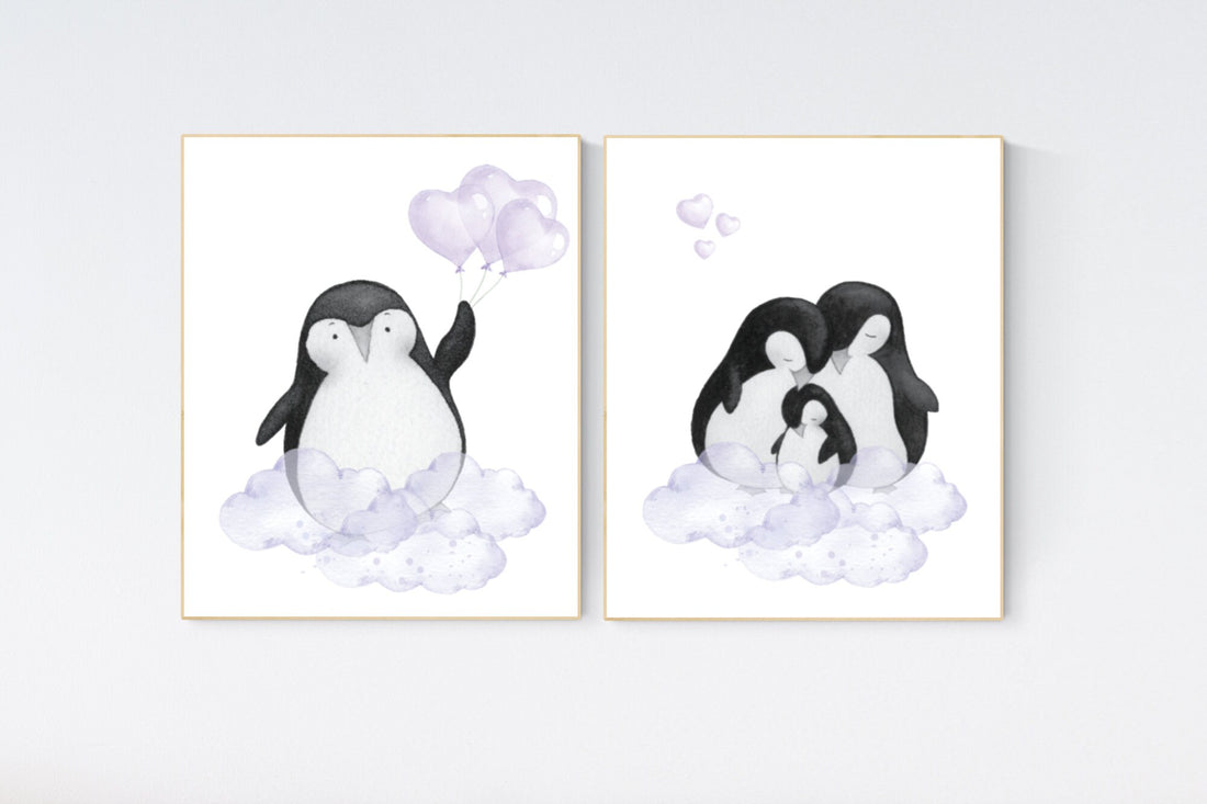 Penguin nursery, purple nursery art, baby room wall art, arctic themed nursery, arctic animals, lilac, lavender, nursery prints girl, art
