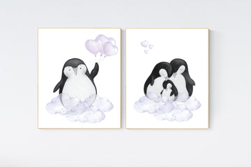 Penguin nursery, purple nursery art, baby room wall art, arctic themed nursery, arctic animals, lilac, lavender, nursery prints girl, art