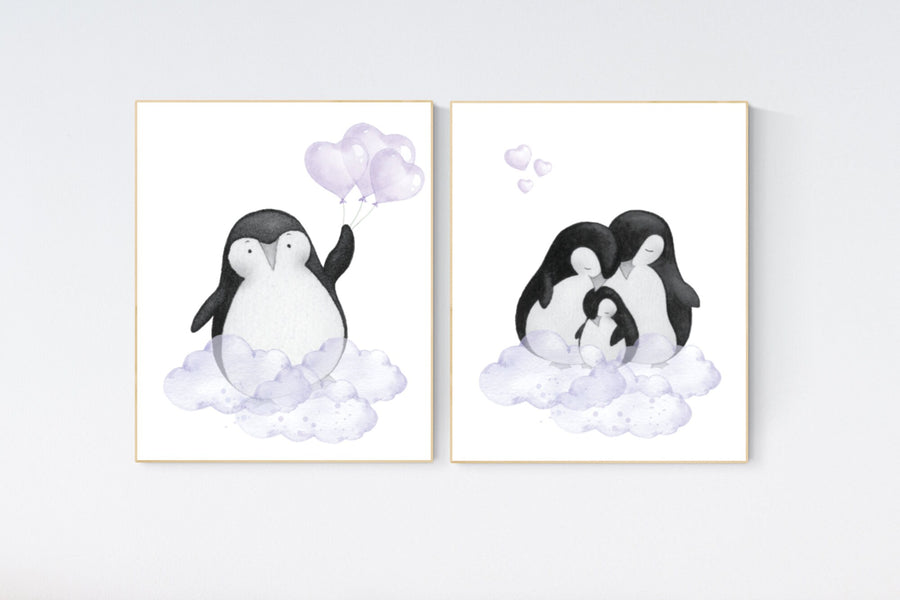 Penguin nursery, purple nursery art, baby room wall art, arctic themed nursery, arctic animals, lilac, lavender, nursery prints girl, art