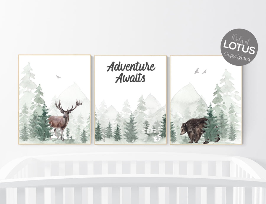 Woodland nursery prints, nursery wall art, forest wall art, green nursery decor, adventure nursery decor, tree nursery prints, woods nursery
