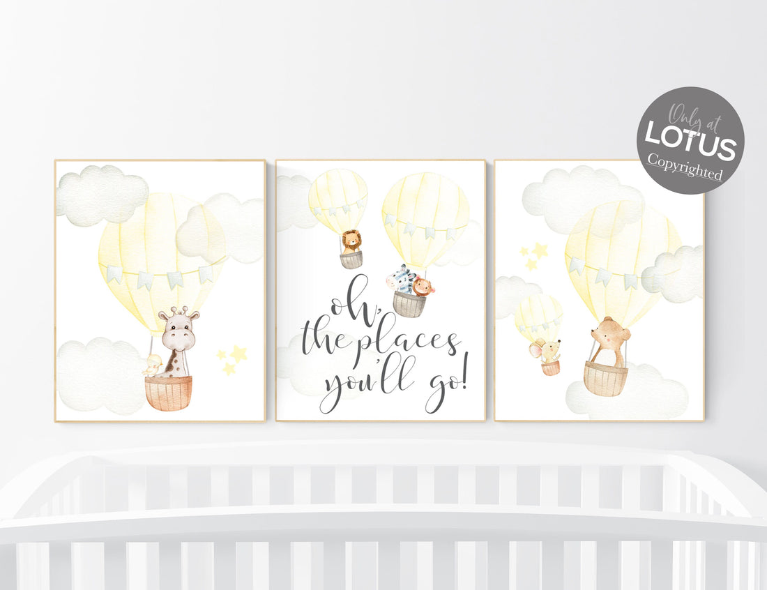 Nursery decor girl yellow, yellow nursery print, nursery wall art animals, hot air balloon nursery art, elephant, giraffe, bear, bunny print