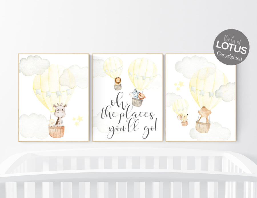 Nursery decor girl yellow, yellow nursery print, nursery wall art animals, hot air balloon nursery art, elephant, giraffe, bear, bunny print