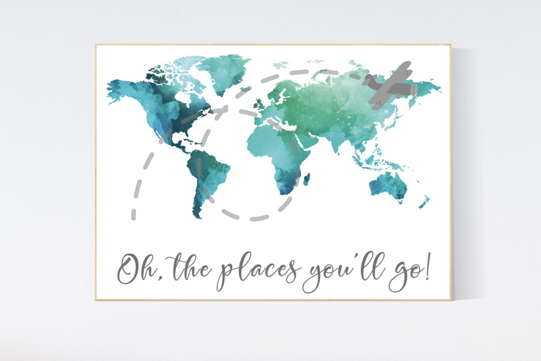 Navy teal World Map print, nursery art, baby&