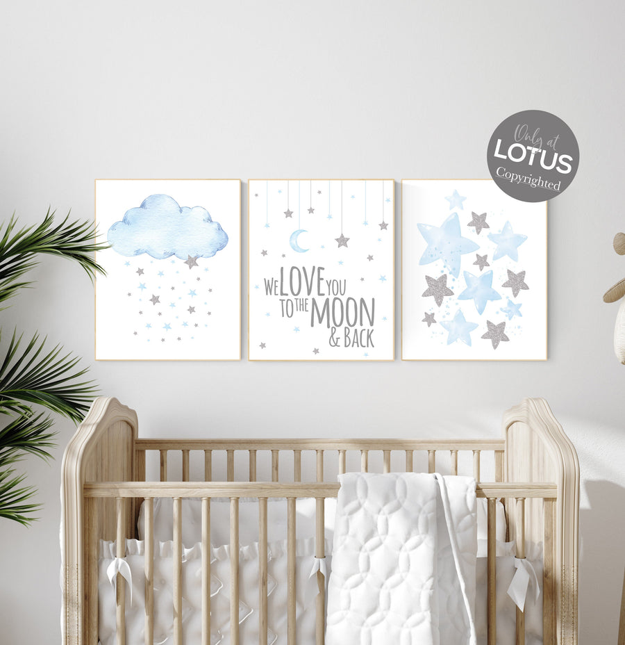 Blue nursery decor, Nursery decor boy, nursery decor, boys room decor, we love you to the moon and back, blue and silver, cloud and stars