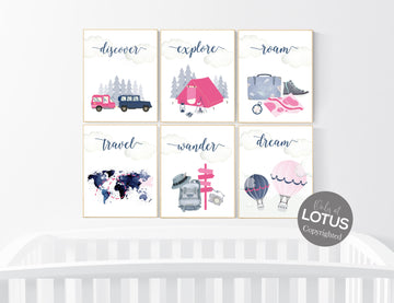 Travel nursery print, Explore nursery wall art, camp nursery, Adventure Set of 6 prints, Camping Prints, navy and pink, woodland nursery