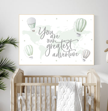 Hot air balloon nursery, sage green nursery, Nursery decor neutral, gender neutral, woodland animals, green nursery, world map nursery decor
