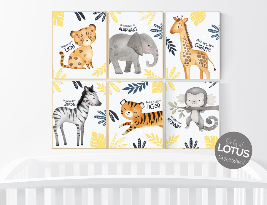 Safari nursery decor, nursery wall art animals, safari nursery, yellow nursery, Boho Nursery Prints, Safari Nursery Prints, yellow and navy