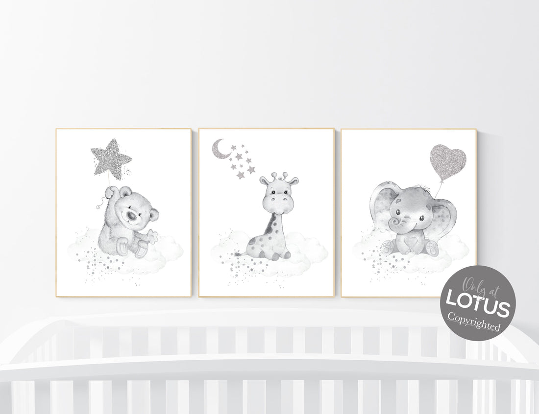 Nursery wall art animals, silver and gray nursery, gender neutral, neutral nursery, baby room, bear, elephant, giraffe, animal prints