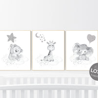 Nursery wall art animals, silver and gray nursery, gender neutral, neutral nursery, baby room, bear, elephant, giraffe, animal prints