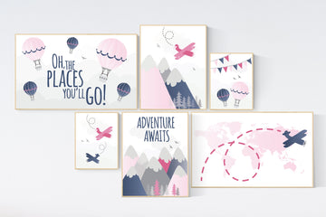 Mountain wall art for nursery, pink navy nursery decor, pink navy blue, nursery decor adventure, airplane, world map, adventure awaits