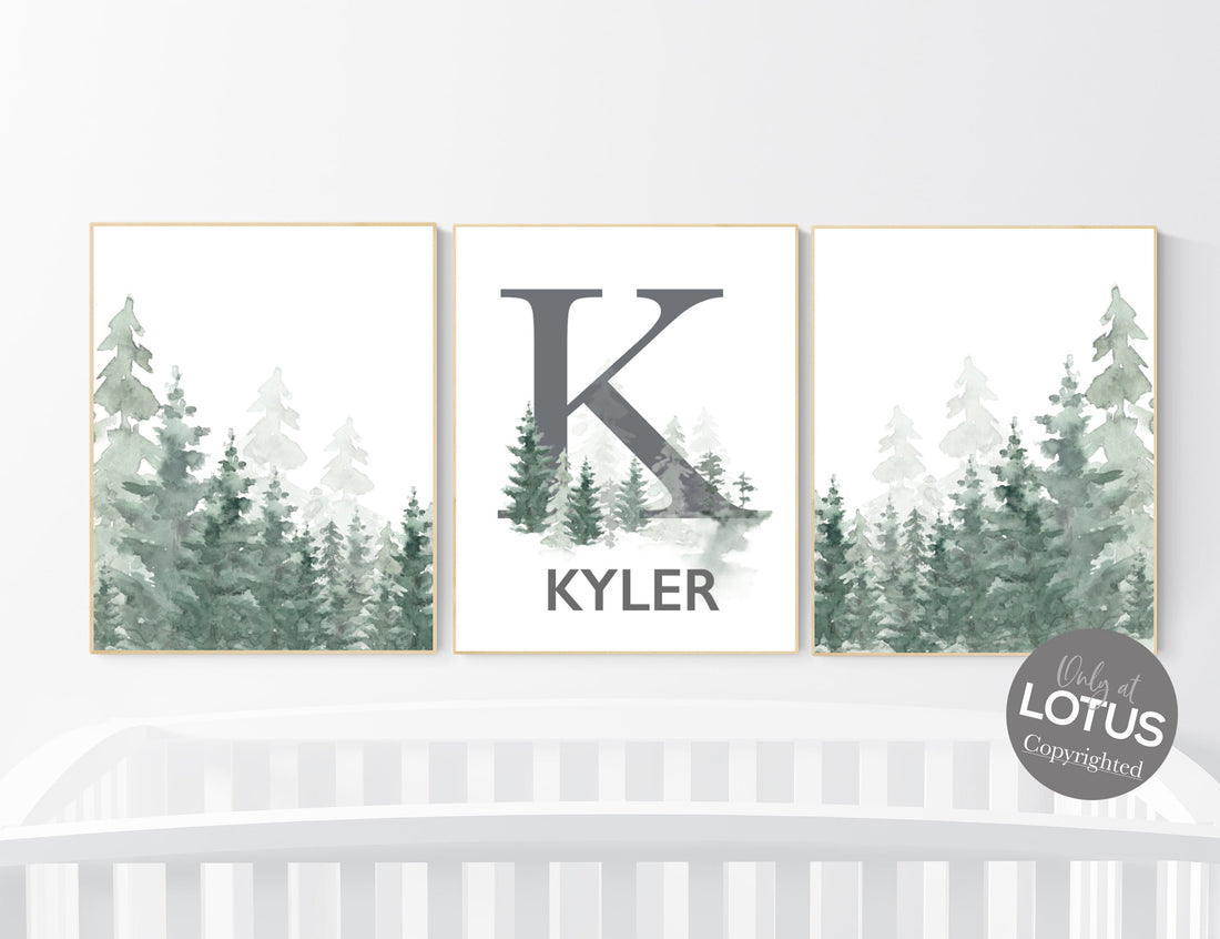 Nursery decor mountain, nursery wall art, tree nursery decor, adventure theme nursery, forest, sage green, beige, woodland animals