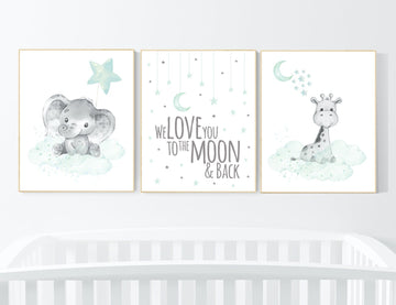Nursery wall art animals, Nursery wall art mint and gray, baby room decor mint and gray, woodland, jungle, elephant, giraffe, animal prints