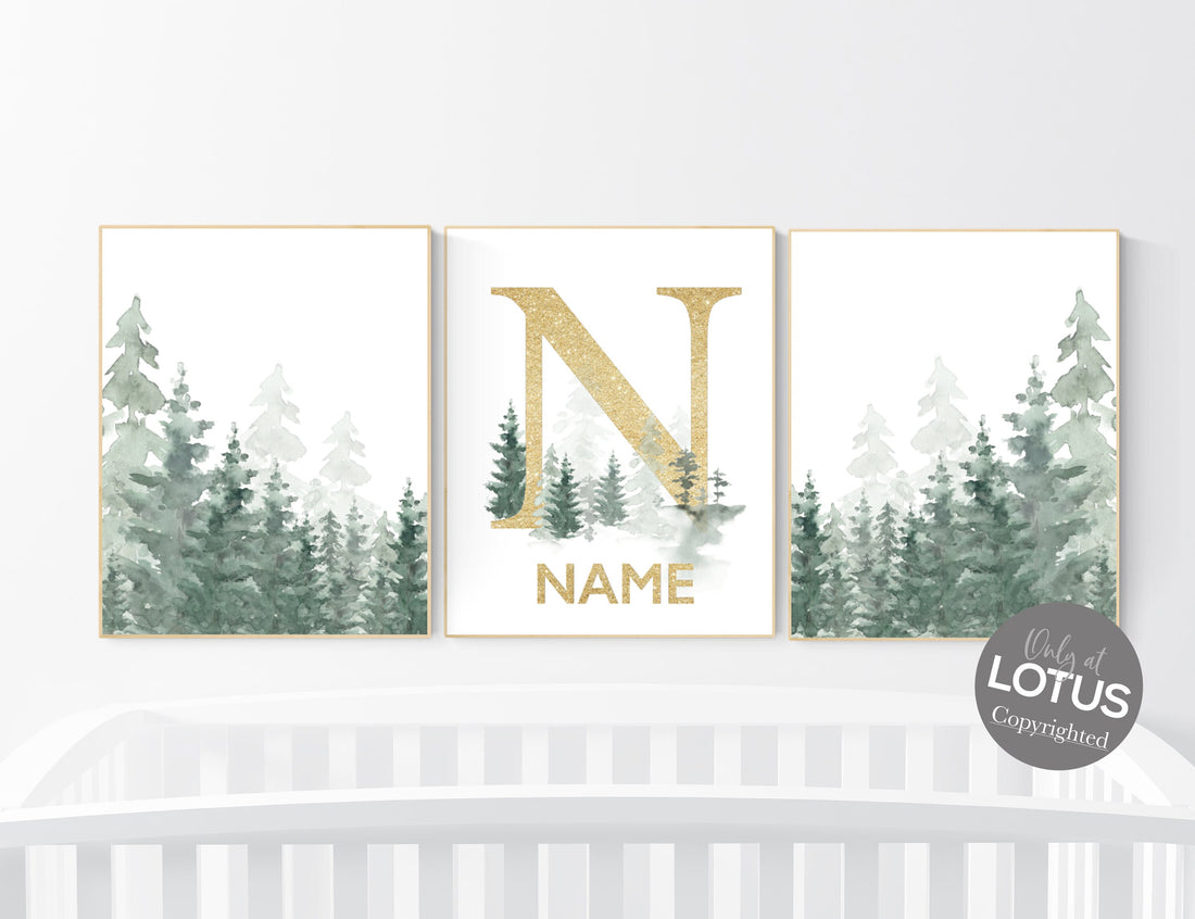 Nursery decor mountain, nursery wall art, tree nursery decor, adventure theme nursery, forest, sage green, beige, woodland animals