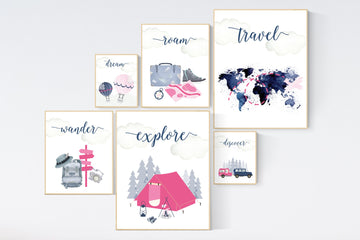 Travel nursery print, Explore nursery wall art, camp nursery, Adventure Set of 6 prints, Camping Prints, navy and pink, woodland nursery
