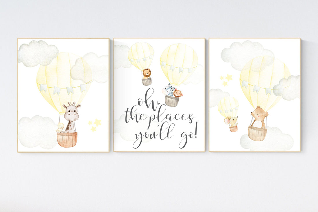 Nursery decor girl yellow, yellow nursery print, nursery wall art animals, hot air balloon nursery art, elephant, giraffe, bear, bunny print
