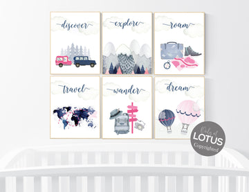 Travel nursery print, Explore nursery wall art, camp nursery, Adventure Set of 6 prints, Camping Prints, navy and pink, woodland nursery