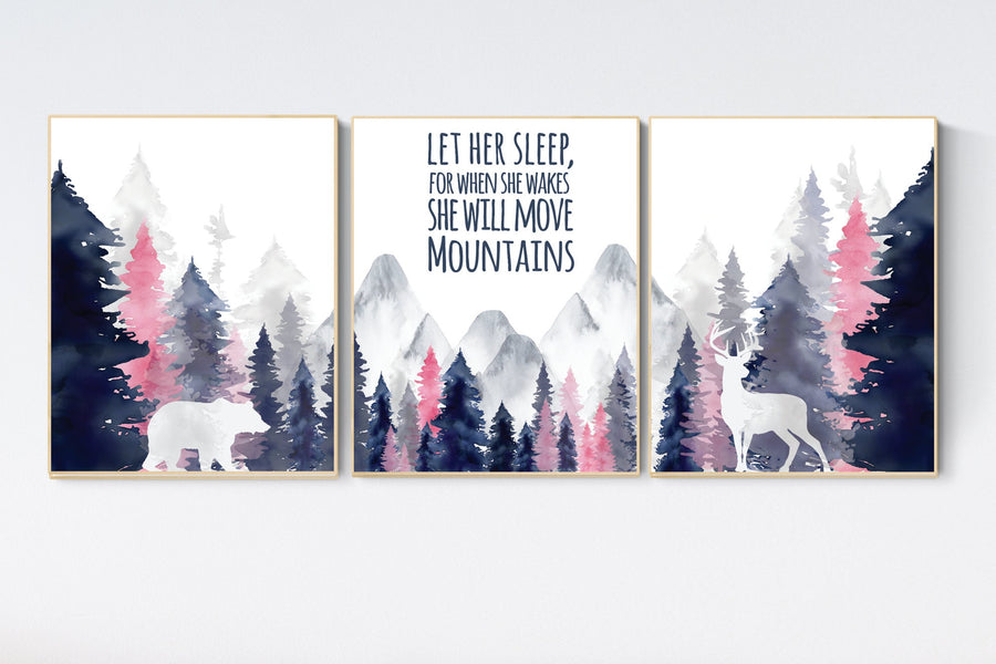 Nursery decor woodland, mountain wall art, tree nursery decor, adventure theme nursery, forest, navy, blush woodland animals, forest