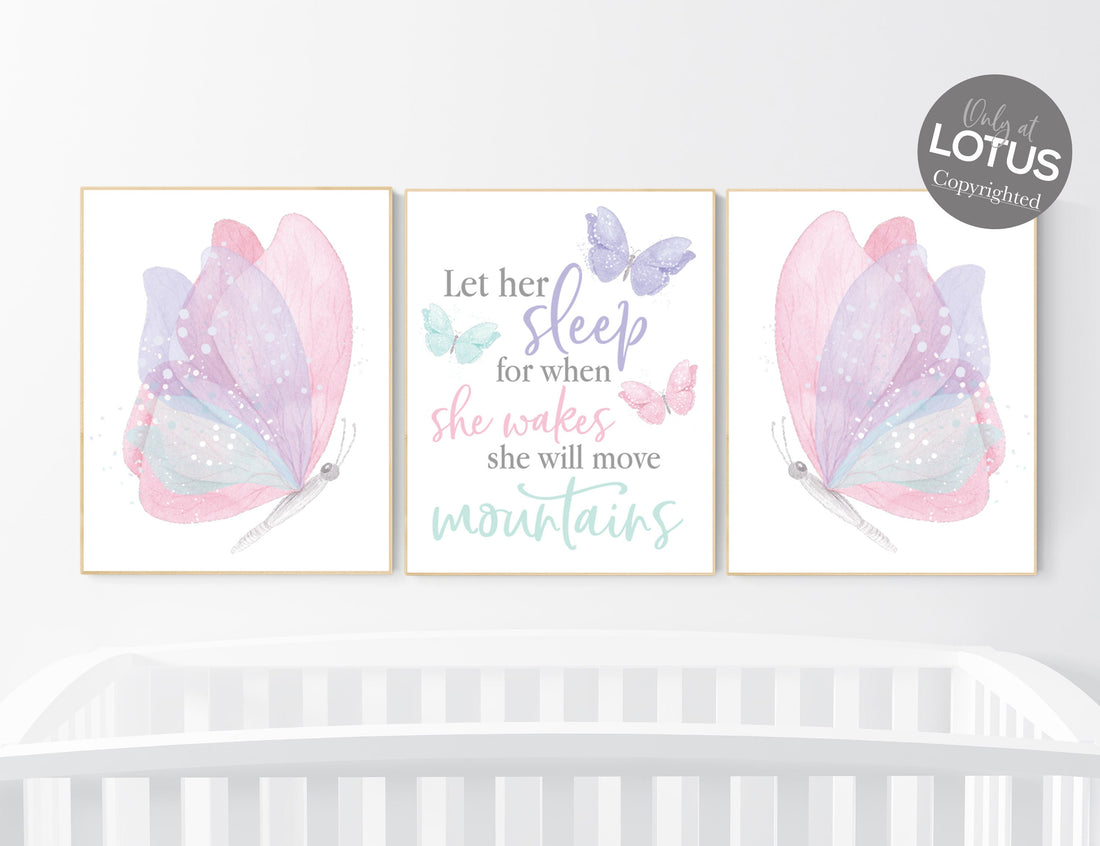 Butterfly nursery decor, pastel nursery decor, girl room decor, girl nursery, butterfly prints, pink nursery, purple nursery, teal nursery