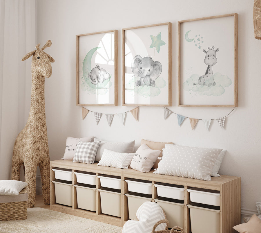 Nursery wall art animals, Nursery wall art mint and gray, baby room decor mint and gray, woodland, jungle, elephant, giraffe, bear, prints